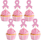 Breast Cancer Cupcake Toppers, 24 Pack Pink Ribbon Cupcake Decorations for Breast Cancer Awareness Month, Paper Breast Cancer Awareness Cupcake Toppers for Fundraisers, Events & Support Parties