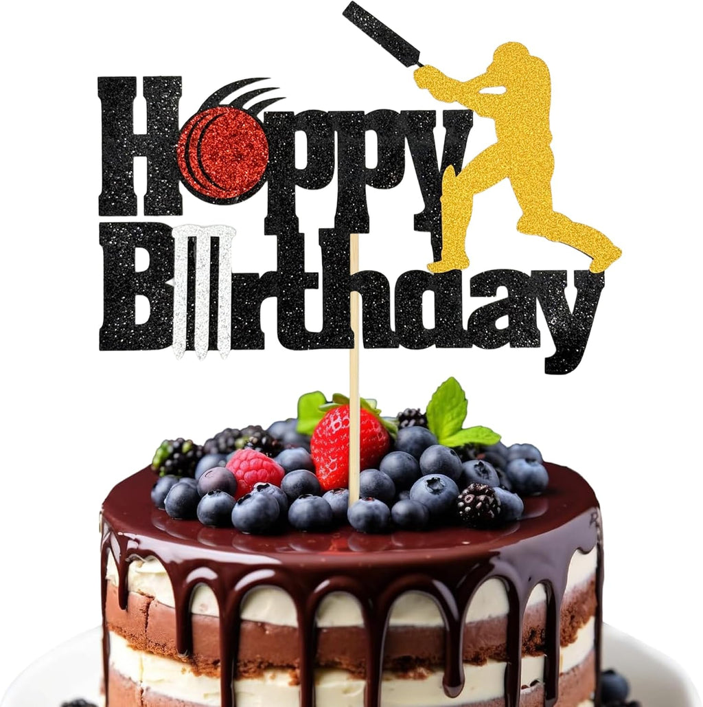 Cricket Happy Birthday Cake Toppers, Black Glitter Cricket Sports Theme Cake Decorations Suitable for Cricket Player Party, Birthday Party Cake Decoration Supplies