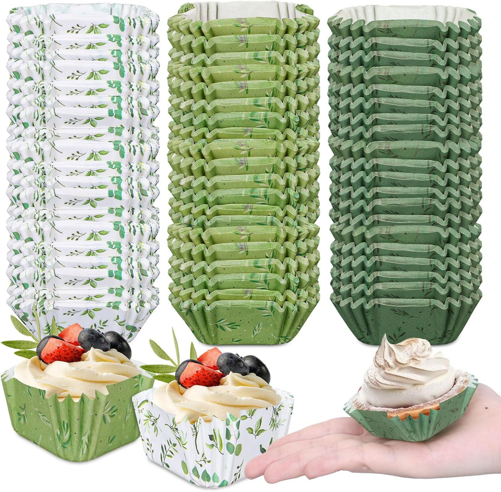 Whaline 450Pcs Greenery Mini Square Cupcake Liners Eucalyptus Olive Leaf Cupcake Wrappers Green Leaves Muffin Baking Cup for Wedding Bridal Baby Shower Birthday Party Decor