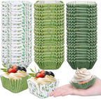 Whaline 450Pcs Greenery Mini Square Cupcake Liners Eucalyptus Olive Leaf Cupcake Wrappers Green Leaves Muffin Baking Cup for Wedding Bridal Baby Shower Birthday Party Decor