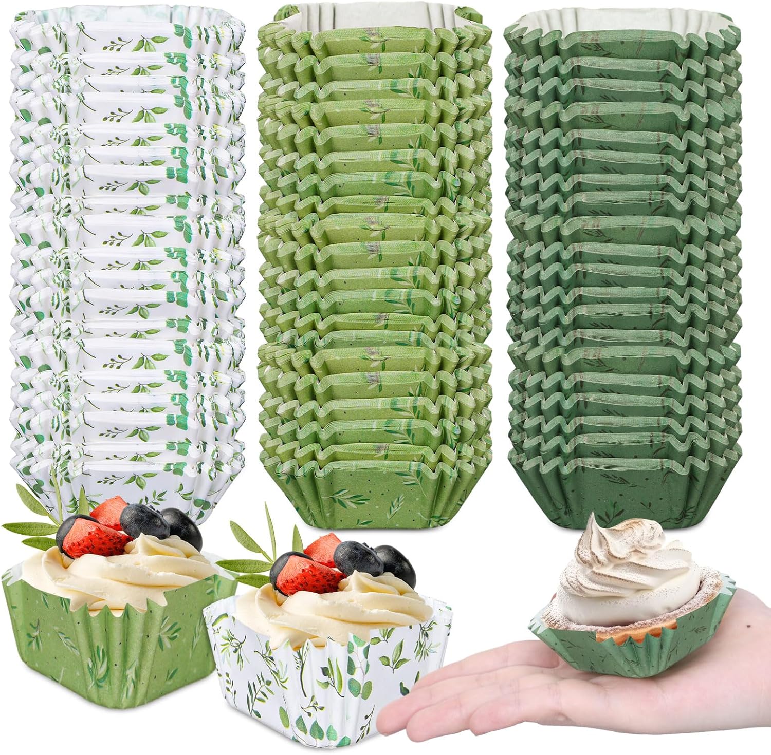 Whaline 450Pcs Greenery Mini Square Cupcake Liners Eucalyptus Olive Leaf Cupcake Wrappers Green Leaves Muffin Baking Cup for Wedding Bridal Baby Shower Birthday Party Decor