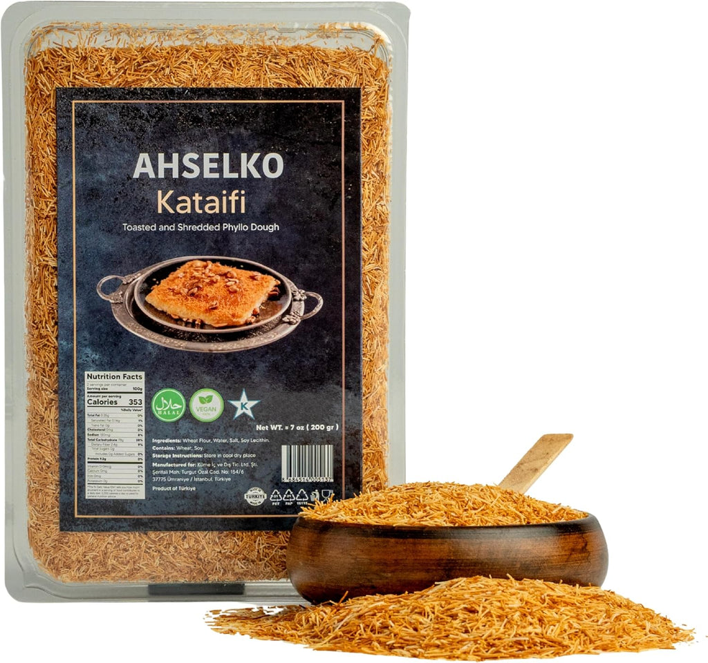 Ahselko Kataifi Shredded Phyllo Dough 200g (7oz) – Toasted Kadayif Pastry Strands for Kunafa, Baklava & Dubai Chocolate Filling – Halal, Kosher, Vegan