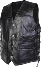 Motorcycle Genuine Leather Biker Vest for Men Club Style Classic Black