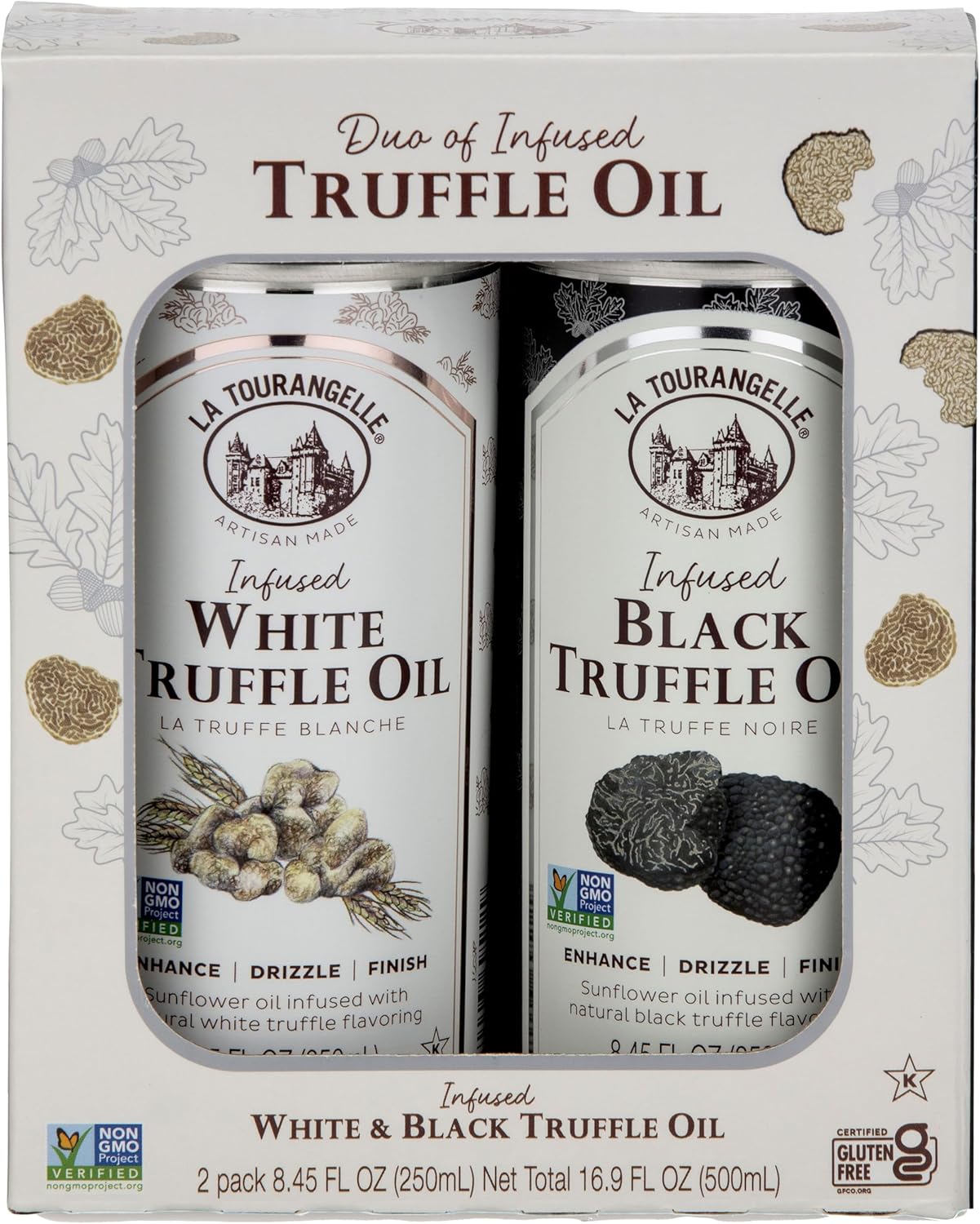 La Tourangelle, White Truffle Oil & Black Truffle Oil Set, Complex Gourmet Earthy Flavor for Drizzling over Pasta, Popcorn, Vegetables, Potatoes, Soup and More, Gift Box, 8.45 Fl Oz Each (Set of 2)