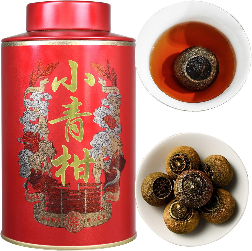 XIXICHA Puerh Tea Premium Tangerine Peel Pu-erh Tea 5.64oz(160g) Xiao Qing Gan Xinhui ChenPi Pu'er Citrus Yunnan Puerh Green Orange Peel 陈皮普洱茶 普洱小青柑 广东新会小青柑 云南勐海普洱茶 熟茶