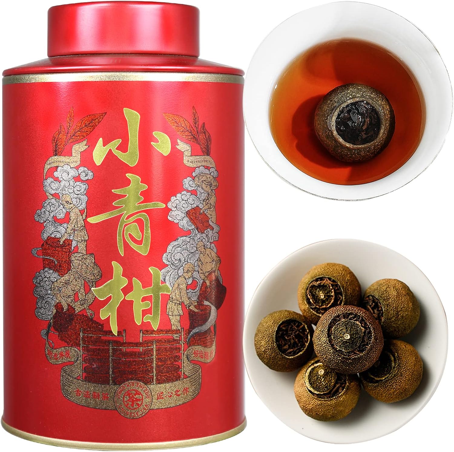 XIXICHA Puerh Tea Premium Tangerine Peel Pu-erh Tea 5.64oz(160g) Xiao Qing Gan Xinhui ChenPi Pu'er Citrus Yunnan Puerh Green Orange Peel 陈皮普洱茶 普洱小青柑 广东新会小青柑 云南勐海普洱茶 熟茶