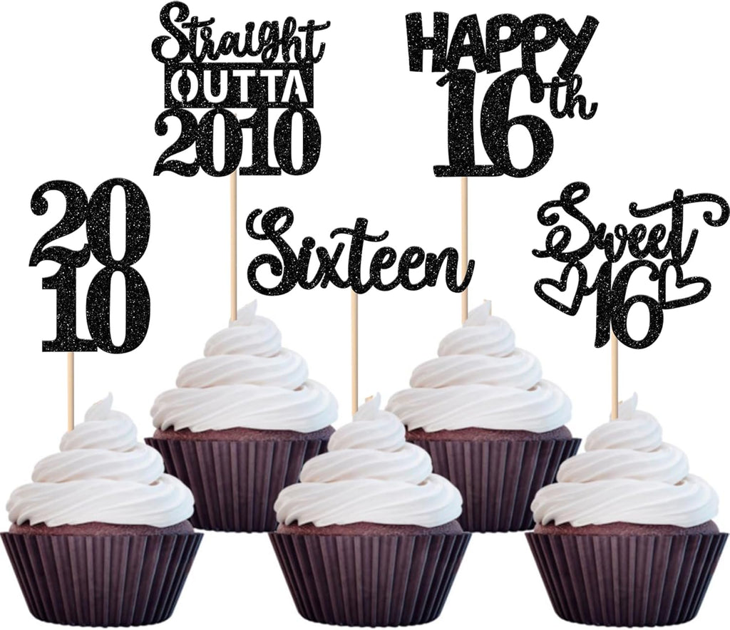 30PCS Black 16th Birthday Cupcake Toppers Glitter Sixteen Happy 16 Straight Outta 2010 Cupcake Picks for Cheers to 16 Years 16th Birthday Wedding Anniversary Party Cake Decorations Supplies