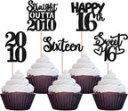 30PCS Black 16th Birthday Cupcake Toppers Glitter Sixteen Happy 16 Straight Outta 2010 Cupcake Picks for Cheers to 16 Years 16th Birthday Wedding Anniversary Party Cake Decorations Supplies