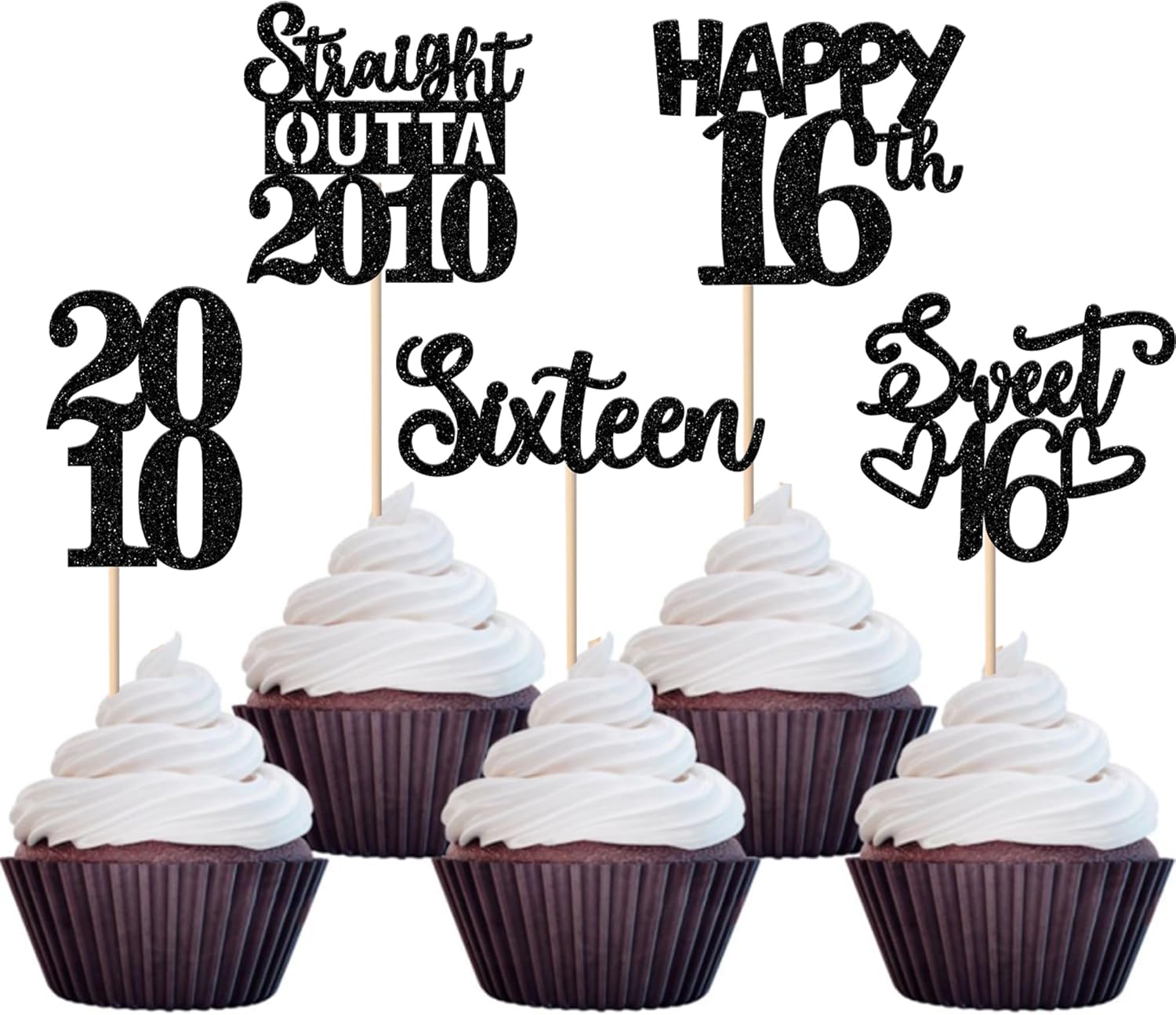30PCS Black 16th Birthday Cupcake Toppers Glitter Sixteen Happy 16 Straight Outta 2010 Cupcake Picks for Cheers to 16 Years 16th Birthday Wedding Anniversary Party Cake Decorations Supplies