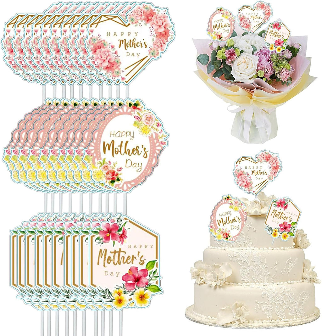Happy Mother's Day Cake Toppers,30PCS Mother's Day Cake Decorations for Flowers Cupcake Picks Mom Letter Cake Topper Cake Decor for Mom's Birthday Party Supplies