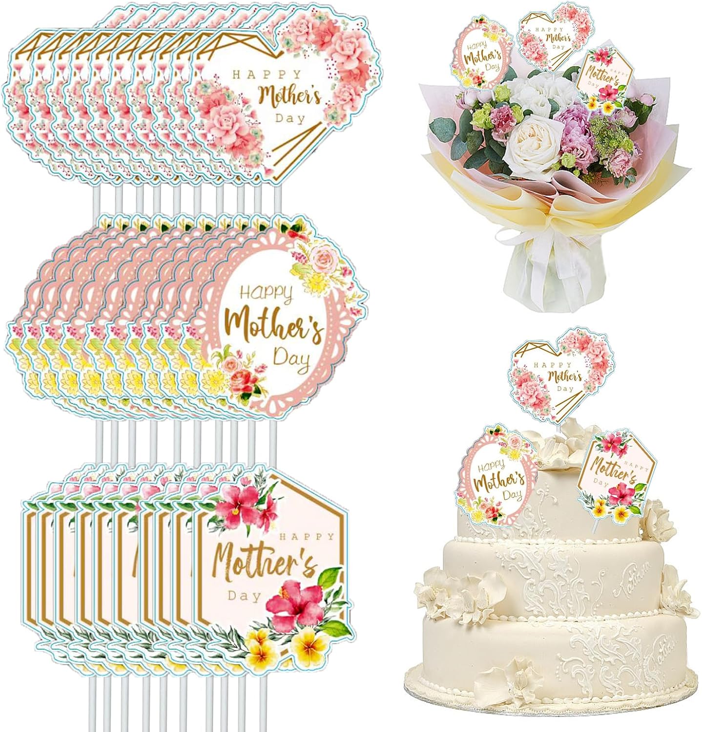 Happy Mother's Day Cake Toppers,30PCS Mother's Day Cake Decorations for Flowers Cupcake Picks Mom Letter Cake Topper Cake Decor for Mom's Birthday Party Supplies