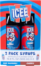 ICEE 2 Pack Slushie Syrups. Genuine ICEE Shaved Ice Syrups including Blue Raspberry and Red Cherry Flavors. 2 16.9 Fl oz Bottles. Perfect For Snow Cones, Slushies, Sodas & Ice Pops.