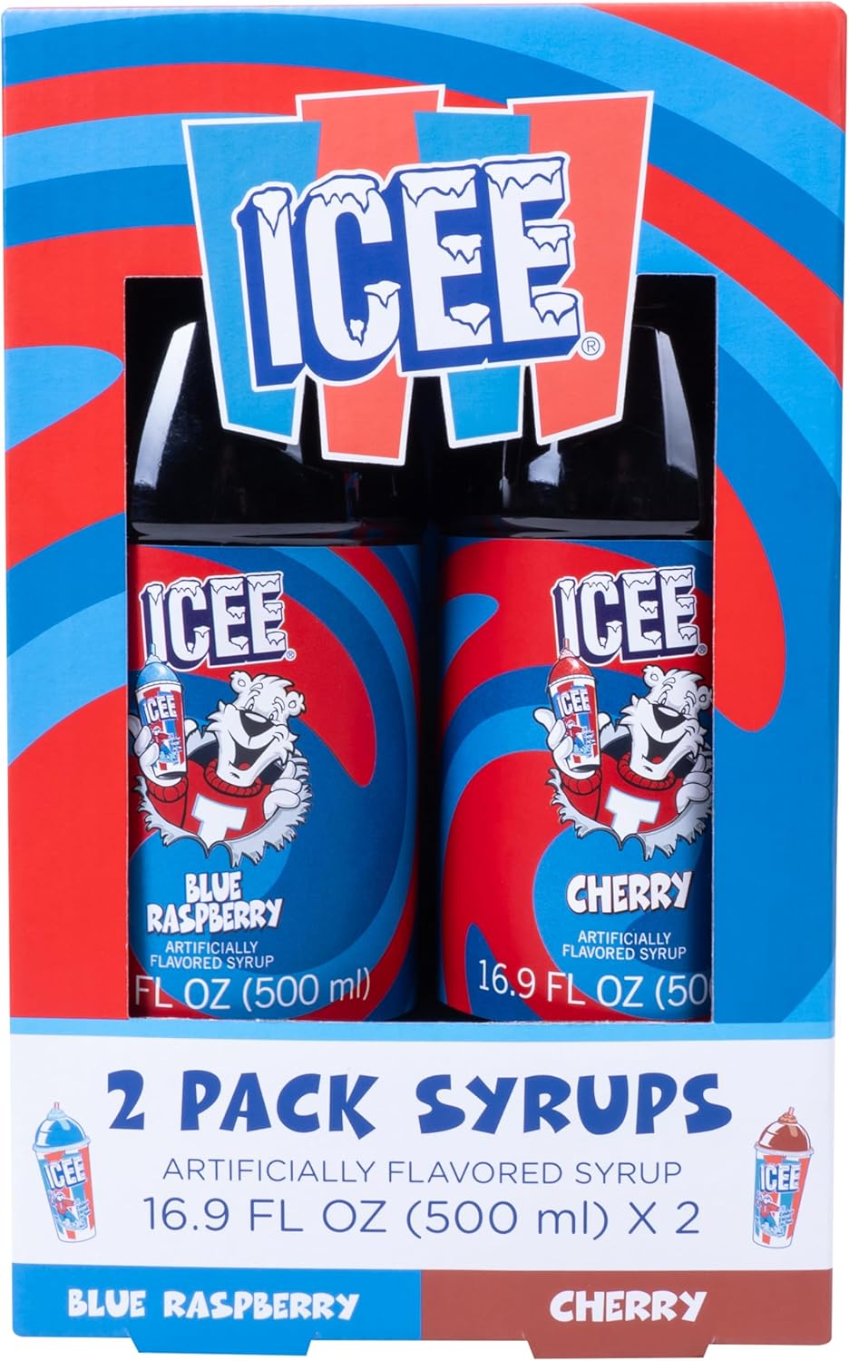 ICEE 2 Pack Slushie Syrups. Genuine ICEE Shaved Ice Syrups including Blue Raspberry and Red Cherry Flavors. 2 16.9 Fl oz Bottles. Perfect For Snow Cones, Slushies, Sodas & Ice Pops.