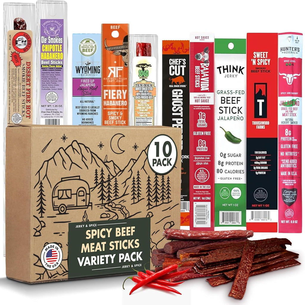 Jerky-n-Spice Premium Spicy Meat Sticks Gift Box (10 Count) | Beef Sticks Variety Pack | Beef Jerky Basket for Men | Assorted High Protein Meat Snacks | Ideal for Birthday, Road Trip & Camping