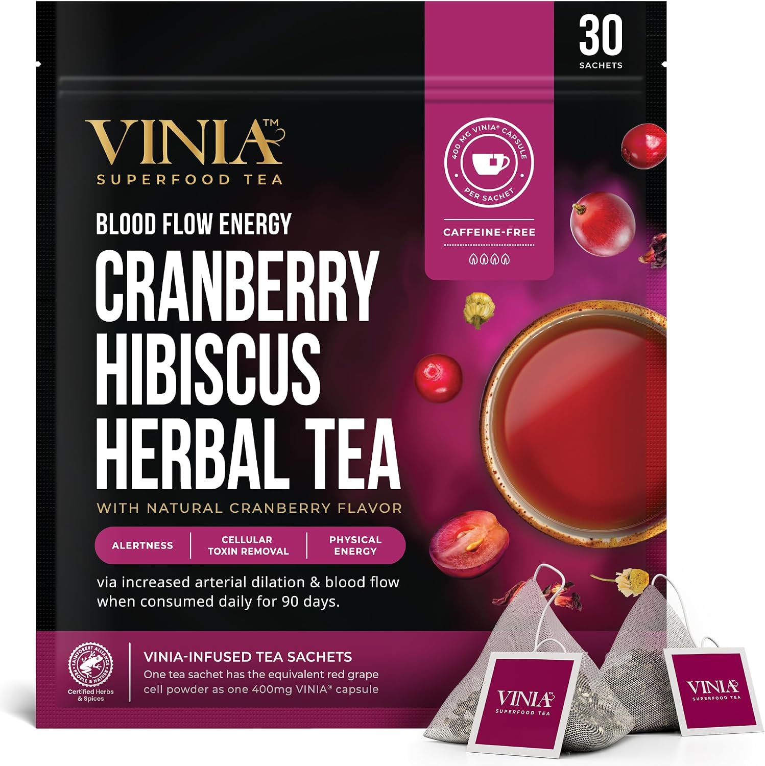 VINIA Cranberry Hibiscus Herbal Tea Bags, Made with Organic Herbal Tea, Infused with Piceid Resveratrol for Heart Health, Nitric Oxide, Physical Energy, Alertness, Blood Flow, Keto, Kosher, NON-GMO. 30 Ct