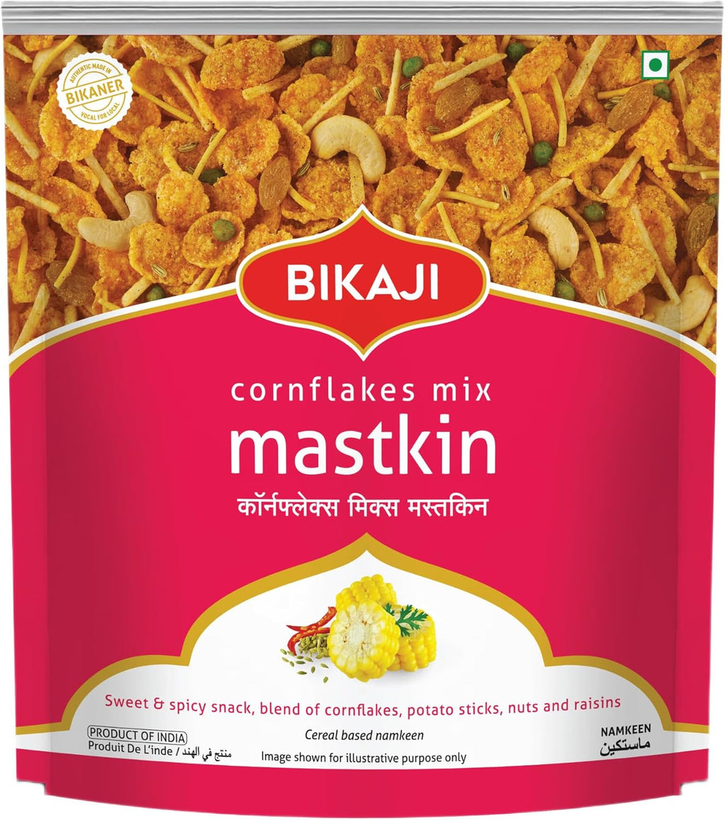 Bikaji Mastkin Cornflakes Mixture, 14.11 oz – Crunchy Savory Indian Snacks (Namkeen) – Traditional Roasted Corn Flakes with Cashew Nuts & Tangy Spices – Authentic Bikaneri Munchies for Tea-Time & Parties
