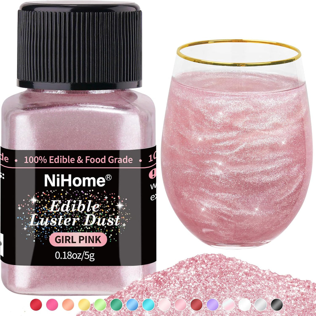 NiHome Edible Food-Grade Glimmer Powder Glitter Luster Dust Metallic Food Decorating Sprinkle Glimmery Dust for Drink Wine Beverage Cake Candy Dessert Bakery Restaurant Vegan (0.18oz/5g, Girl Pink)