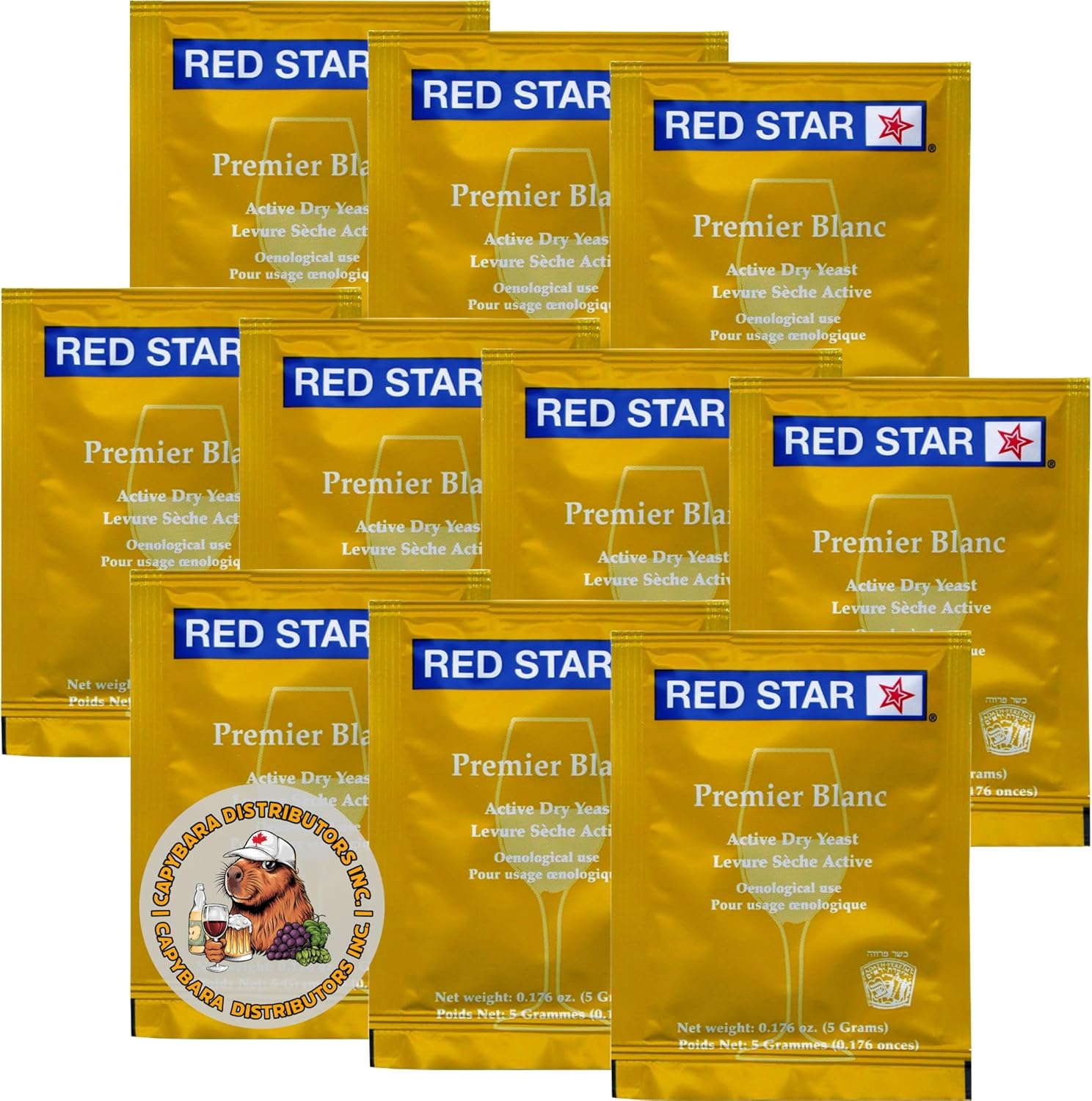 Red Star Premier Blanc Wine Yeast (10 Pack) - Great for Making Wine Cider Mead Kombucha at Home - 5 g Sachets - Saccharomyces cerevisiae - Sold by CAPYBARA Distributors Inc.