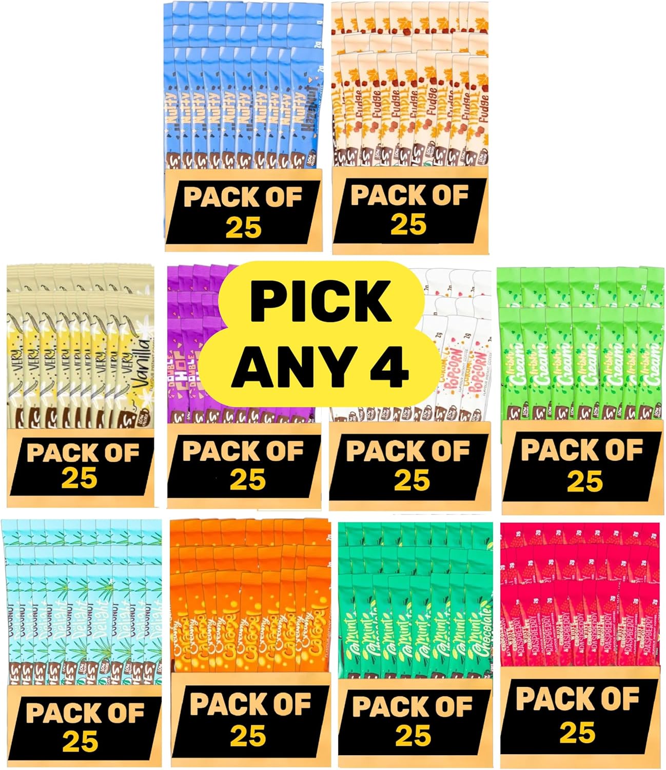 Beanies Flavoured Instant Coffee Sachets Pick Any 4 Boxes (Each Box 25 Sticks, Total 100 Sticks) from Creamy Caramel, Double Chocolate, Irish Cream, Nutty Hazelnut, Very Vanilla, Caramel Popcorn, etc