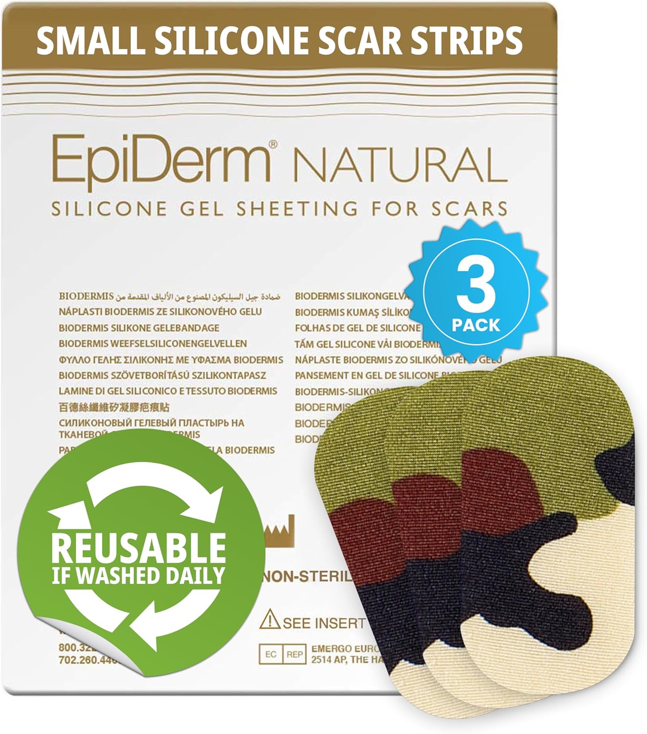 EpiDerm Silicone Gel Scar Small Strips - Premium Fabric-Lined Silicone Scar Sheets for Small Scars - Non-Medicated, Washable & Reusable Scar Tape - Gentle on All Skin Types - 3-Pack, Camo Green