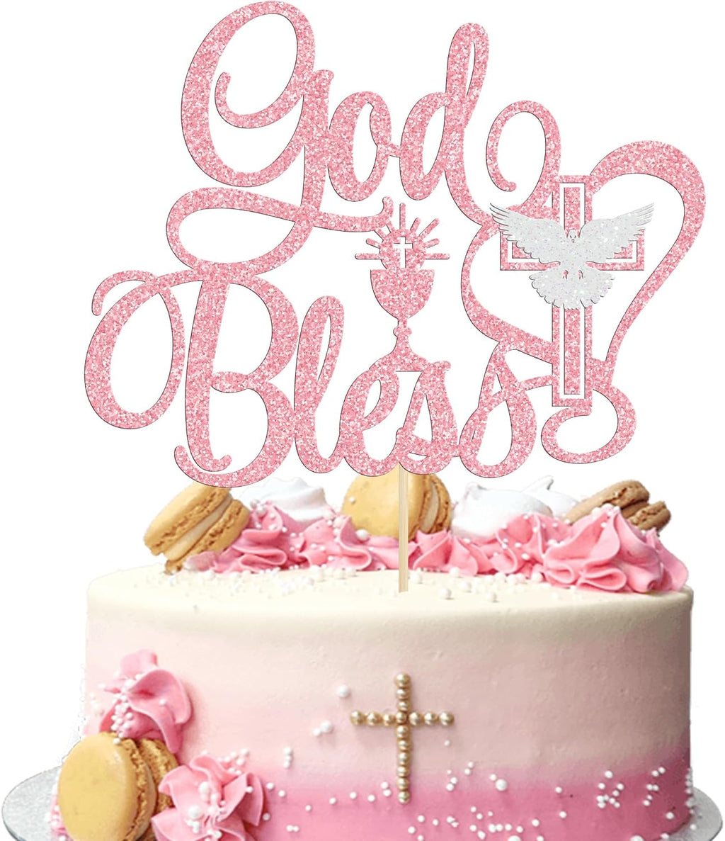 Ephlyn 1Pcs God Bless Cake Topper Glitter Dove Cross Christening First Communion Cake Pick Baptism Cake Decorations for Religious Theme Party Baby Shower Birthday Party SuppliesPink