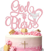 Ephlyn 1Pcs God Bless Cake Topper Glitter Dove Cross Christening First Communion Cake Pick Baptism Cake Decorations for Religious Theme Party Baby Shower Birthday Party SuppliesPink