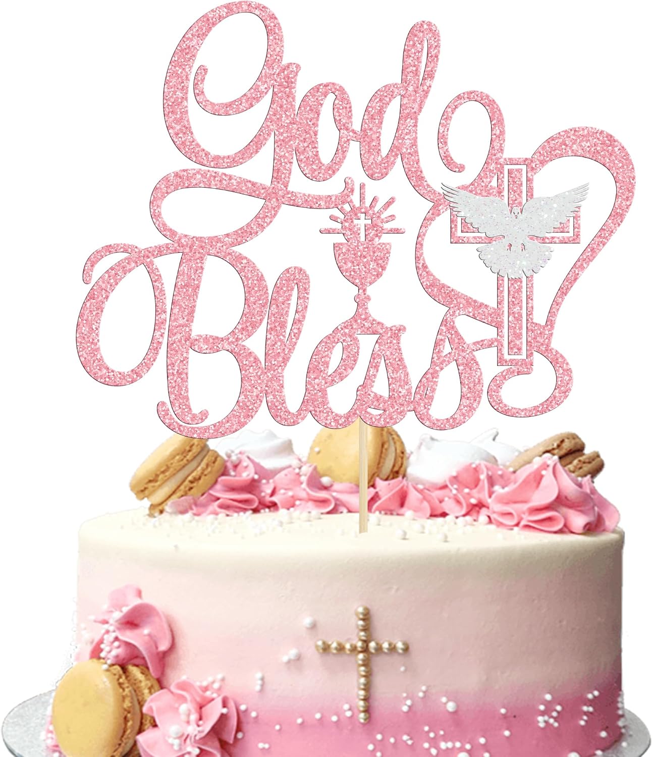 Ephlyn 1Pcs God Bless Cake Topper Glitter Dove Cross Christening First Communion Cake Pick Baptism Cake Decorations for Religious Theme Party Baby Shower Birthday Party SuppliesPink