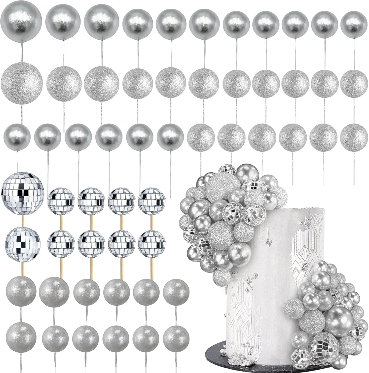 56 PCS Colorful Ball Shaped Cake Topper Pearl Balls Cupcake Cake Insert Topper for Birthday Party Wedding Decoration Supplies (Silver)