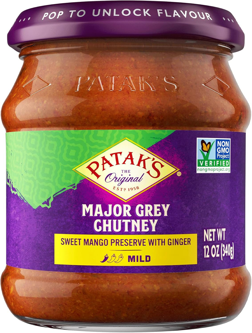 Patak’s Major Grey Chutney - Sweet & Mild Mango Chutney with Ginger & Aromatic Spices - Non-GMO, Vegan & Gluten-Free - Perfect for Chicken, Cheese Platters & Curry Sides - 12 oz (Pack of 1)