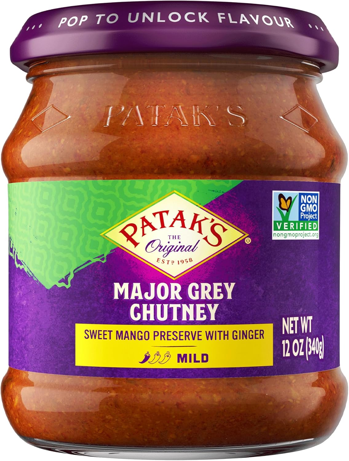 Patak’s Major Grey Chutney - Sweet & Mild Mango Chutney with Ginger & Aromatic Spices - Non-GMO, Vegan & Gluten-Free - Perfect for Chicken, Cheese Platters & Curry Sides - 12 oz (Pack of 1)