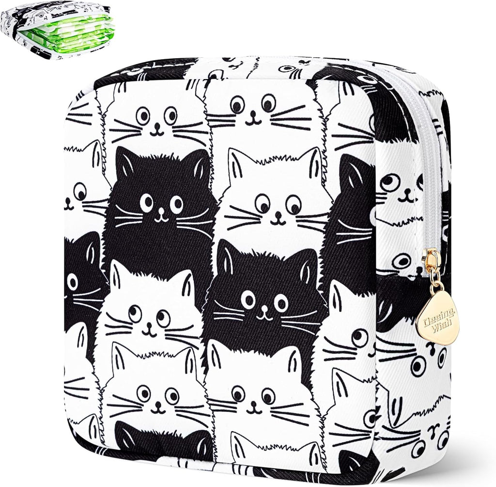 Sanitary Pad Storage Bag Portable Period Bag for Teen Pads/Sanitary Napkins/Small Tampons, Sanitary Napkin Storage Bag First Period Gifts for Teen Girls (Black-White Cats)