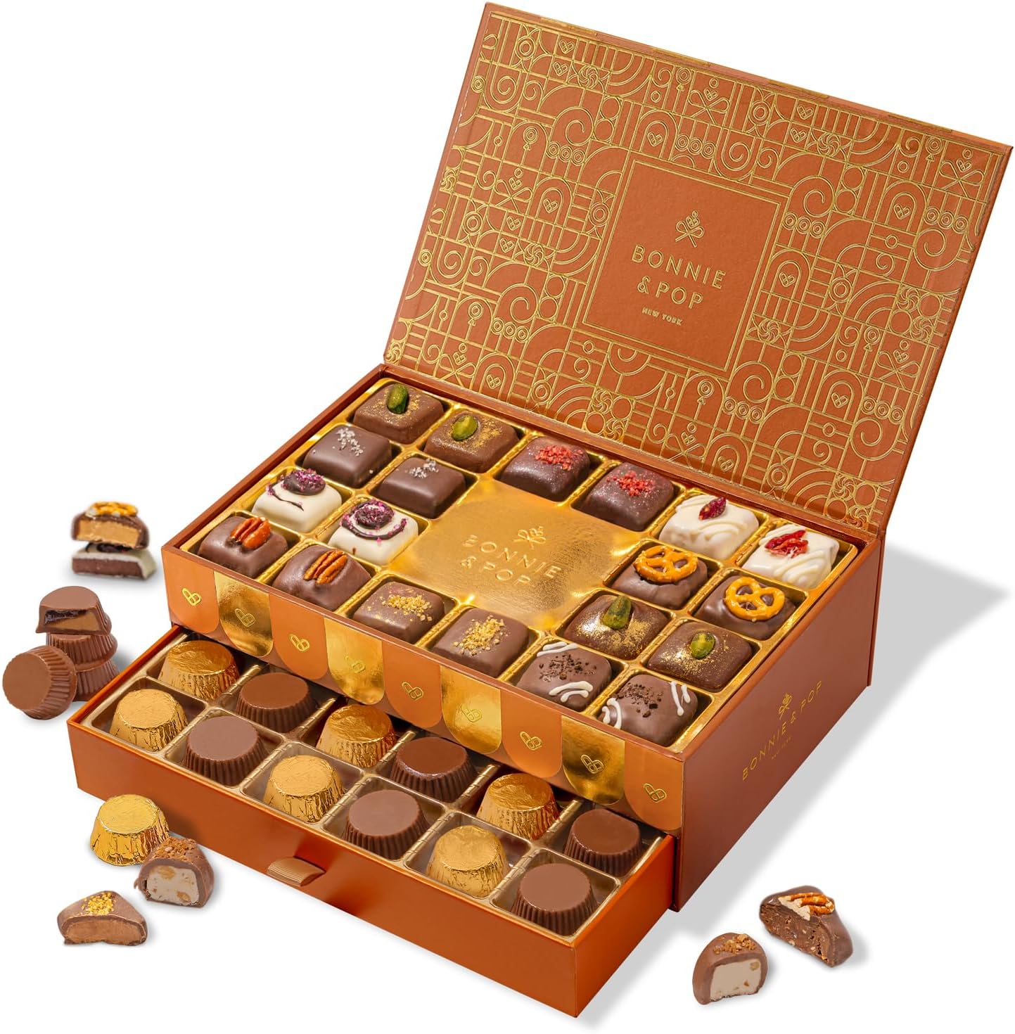 Chocolate Gift Basket, Candy Food Gifts, Gourmet Snack Box, Holiday Present Idea, Corporate Him & Her, Men, Women, Two-Tier Box with Assorted Belgian and Dubai Truffles, 10+ Flavors, Bonnie and Pop (Copper)