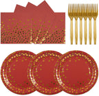 75PCS Paper Plates and Napkins Set - Red and Gold Dot Disposable Party Dinnerware Includes Paper Plates, Napkins, Forks Decorations for Christmas, Birthdays and Weddings, Serves 25