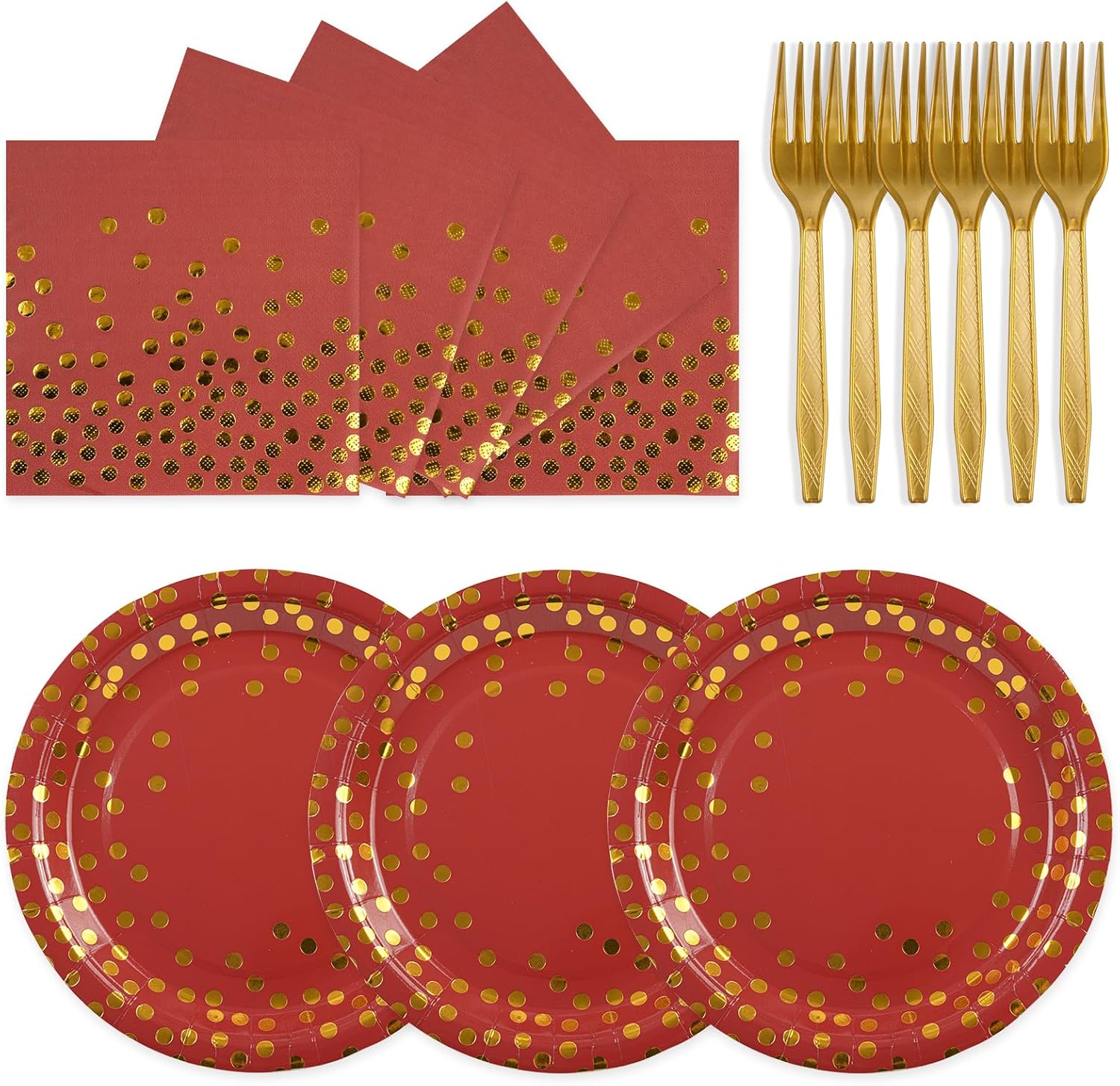 75PCS Paper Plates and Napkins Set - Red and Gold Dot Disposable Party Dinnerware Includes Paper Plates, Napkins, Forks Decorations for Christmas, Birthdays and Weddings, Serves 25