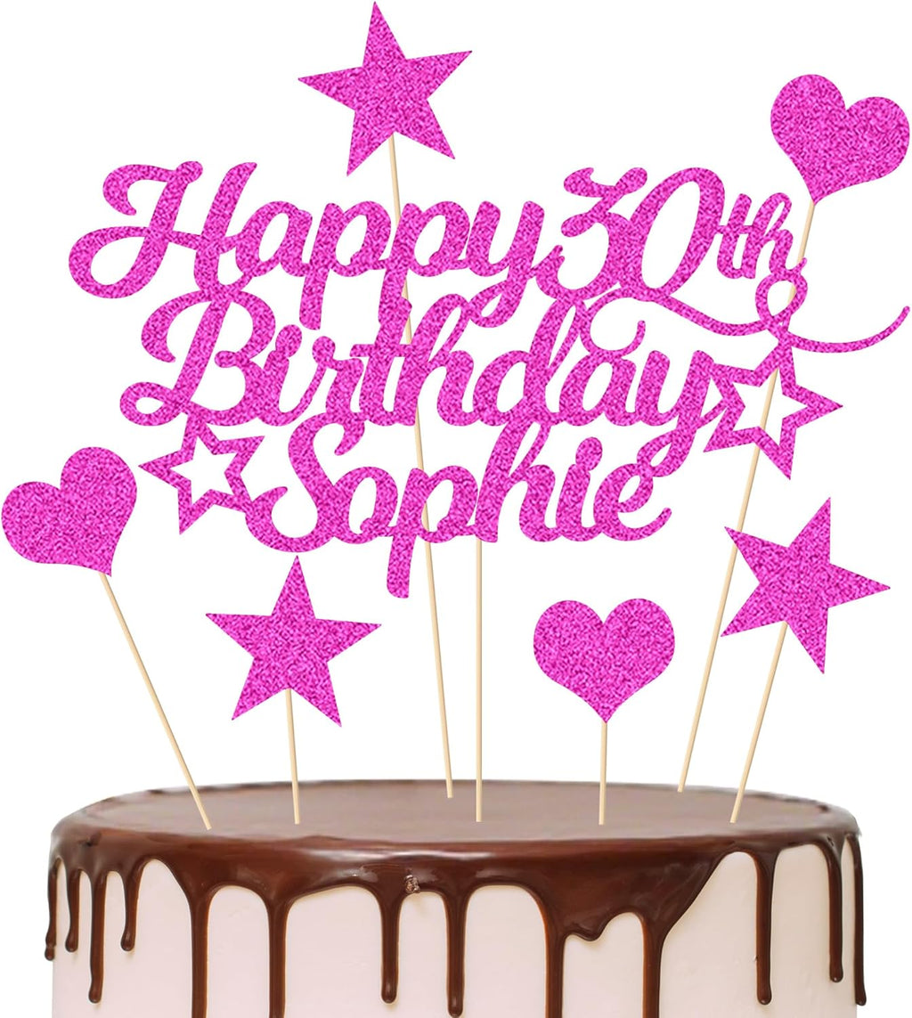 EDSG Personalized Happy Birthday Cake Topper Customized with Any Age Name Party Cake Decoration 16 18 21 40 60 Double Sided Glitter Card Pink