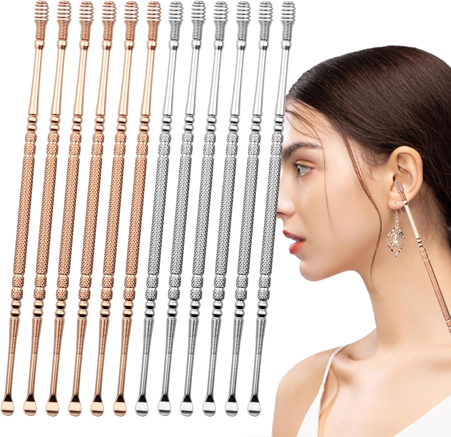 12 Pack Ear Spiral Cleaning Tools for Ear Stainless Steel 360 Degree Spiral Massage Double-Head Ear Cleaner for Women and Men (Gold and Silver)