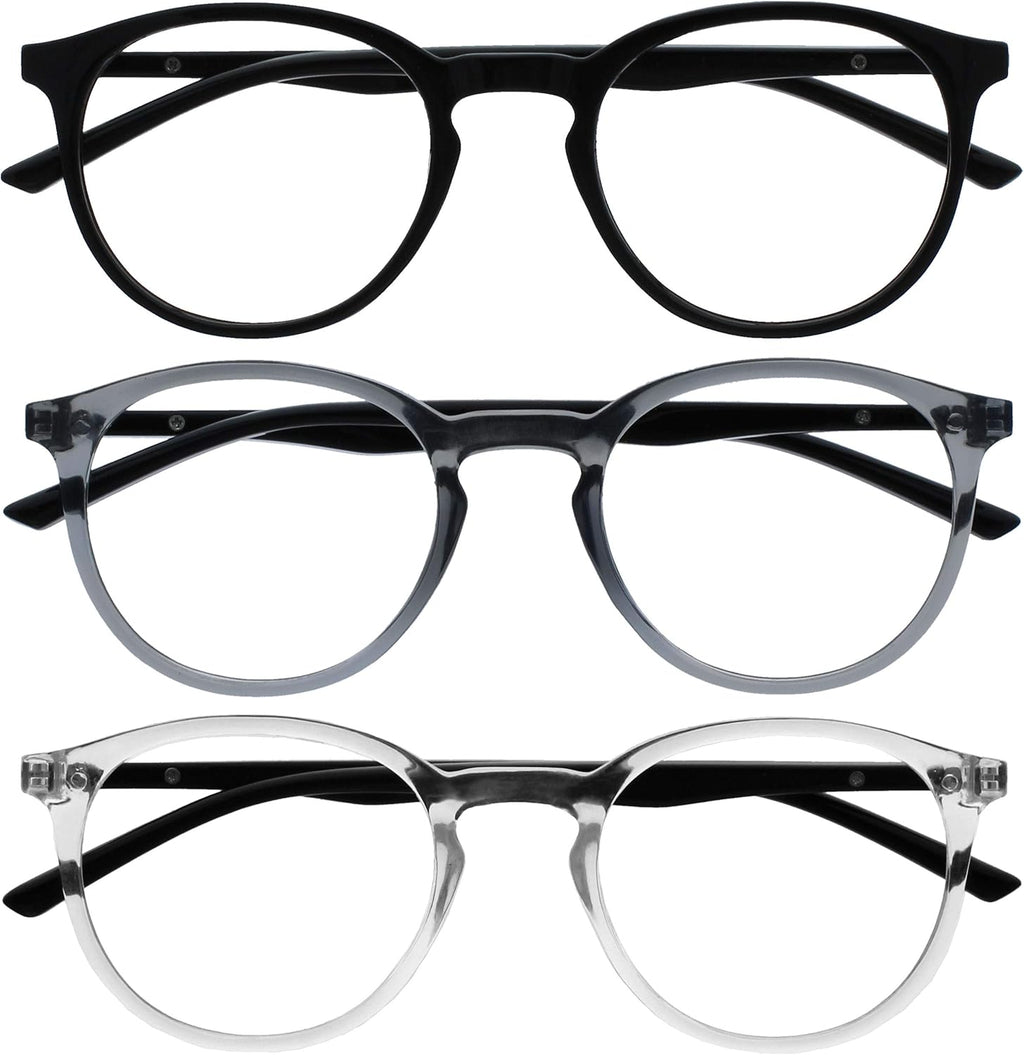 OPULIZE MET Blue Light Blocking Reading Glasses for Women Men, Slim Round Frame with Scratch Resistant and Spring Hinges, Computer Glasses with Anti-Reflective, Black,Grey,Clear +2 (Pack of 3)
