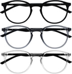 OPULIZE MET Blue Light Blocking Reading Glasses for Women Men, Slim Round Frame with Scratch Resistant and Spring Hinges, Computer Glasses with Anti-Reflective, Black,Grey,Clear +0 (Pack of 3)
