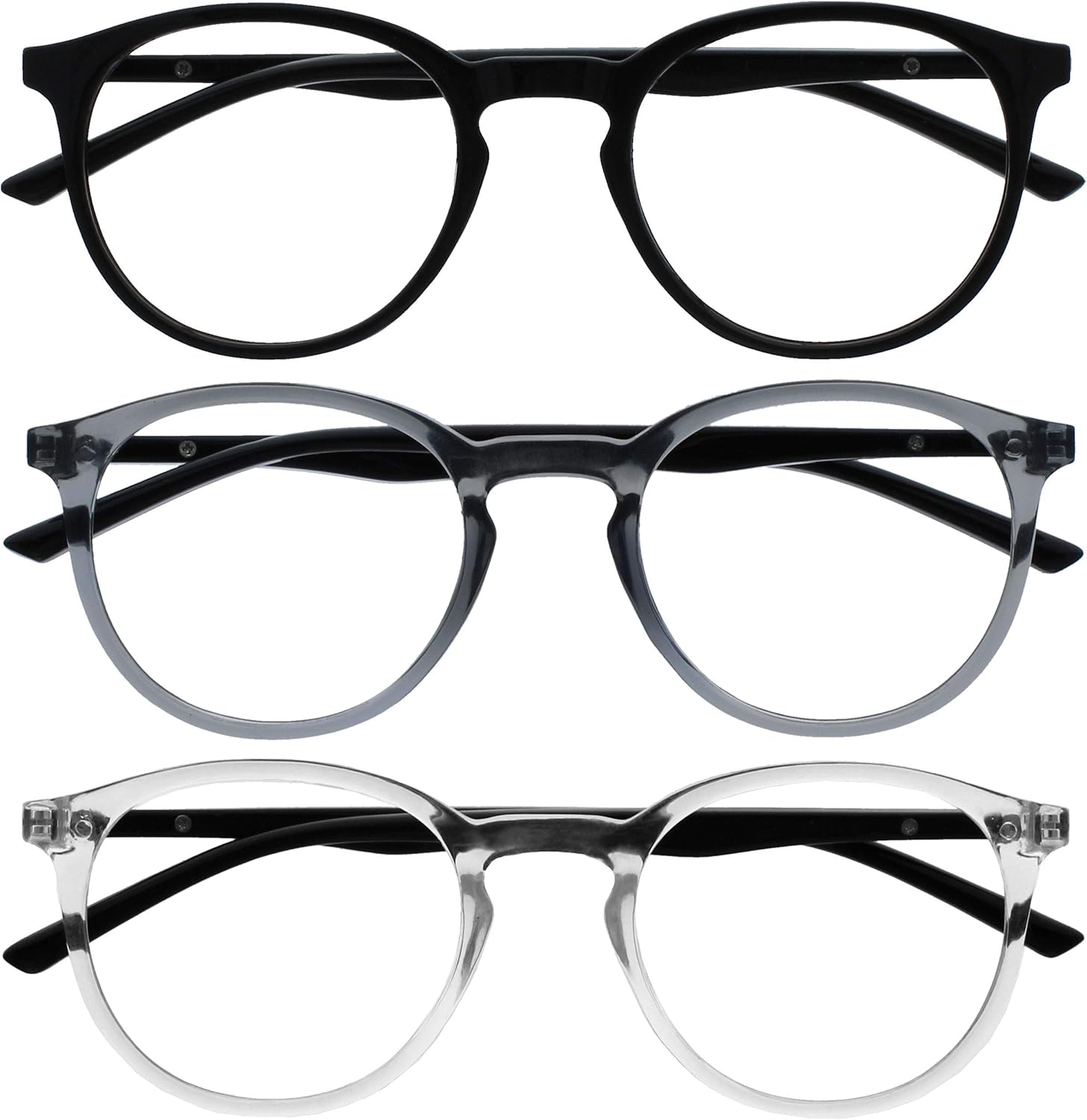 OPULIZE MET Blue Light Blocking Reading Glasses for Women Men, Slim Round Frame with Scratch Resistant and Spring Hinges, Computer Glasses with Anti-Reflective, Black,Grey,Clear +1 (Pack of 3)