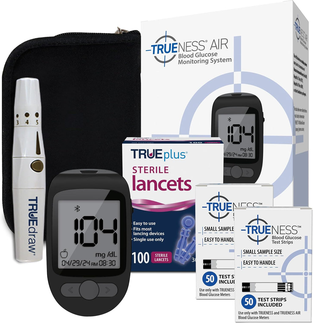 TRUENESS AIR Blood Glucose Meter Bundle - Blood Glucose Monitor, Case, 100 Test Strips, 100 Lancets, Lancing Device - Fast, Easy Testing Supplies for Home Use