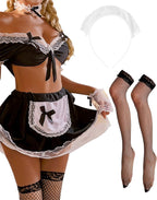 Maid Costume for Women - 7 Pcs Maid Outfit White Lace Cuffs Headband Choker Black Fishnet Stockings Halloween Anime Cosplay Theme Party Outfit
