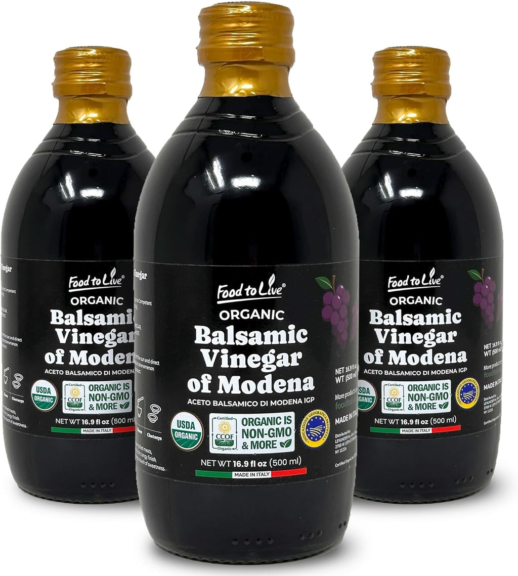 Food To Live Organic Balsamic Vinegar of Modena, 500 ml – Italian, Unfiltered, Unpasteurized, Aceto Balsamico di Modena IGP, Non-GMO, Vegan (Pack of 3)