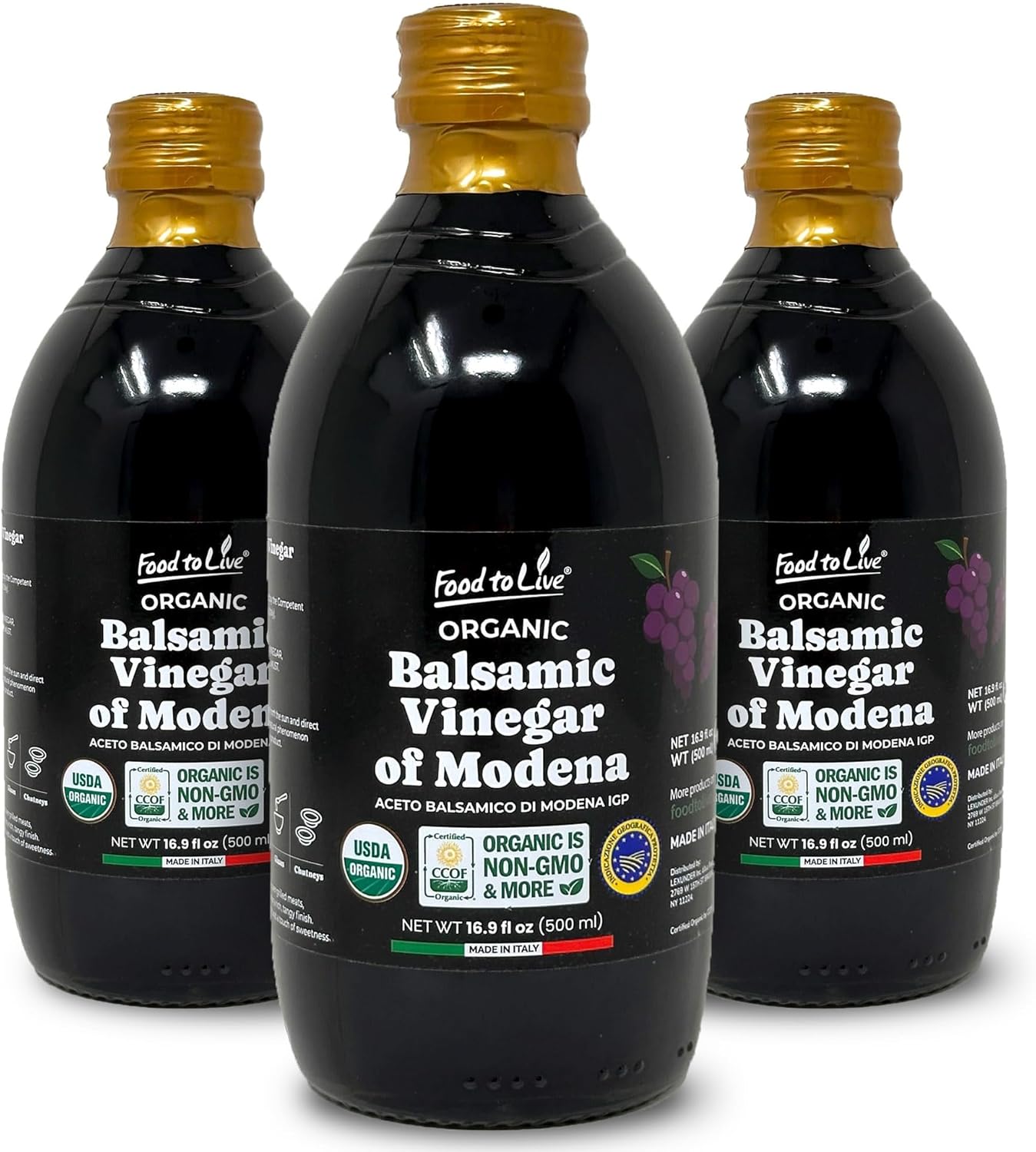 Food To Live Organic Balsamic Vinegar of Modena, 500 ml – Italian, Unfiltered, Unpasteurized, Aceto Balsamico di Modena IGP, Non-GMO, Vegan (Pack of 3)