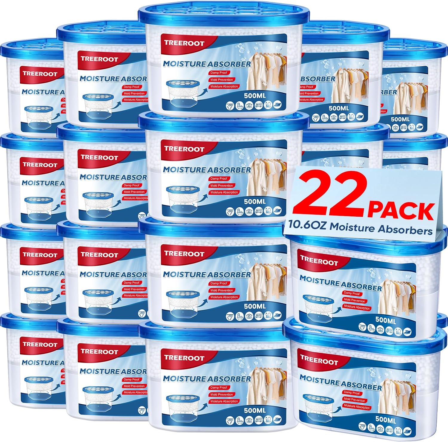 22Pack Moisture Absorbers, 10.6OZ Humidity Absorber Bucket, Moisture Absorbers for Closet, Dehumidifier Bucket for Wardrobes、 Kitchens and Bathrooms, Fragrance Free Humidity Absorber