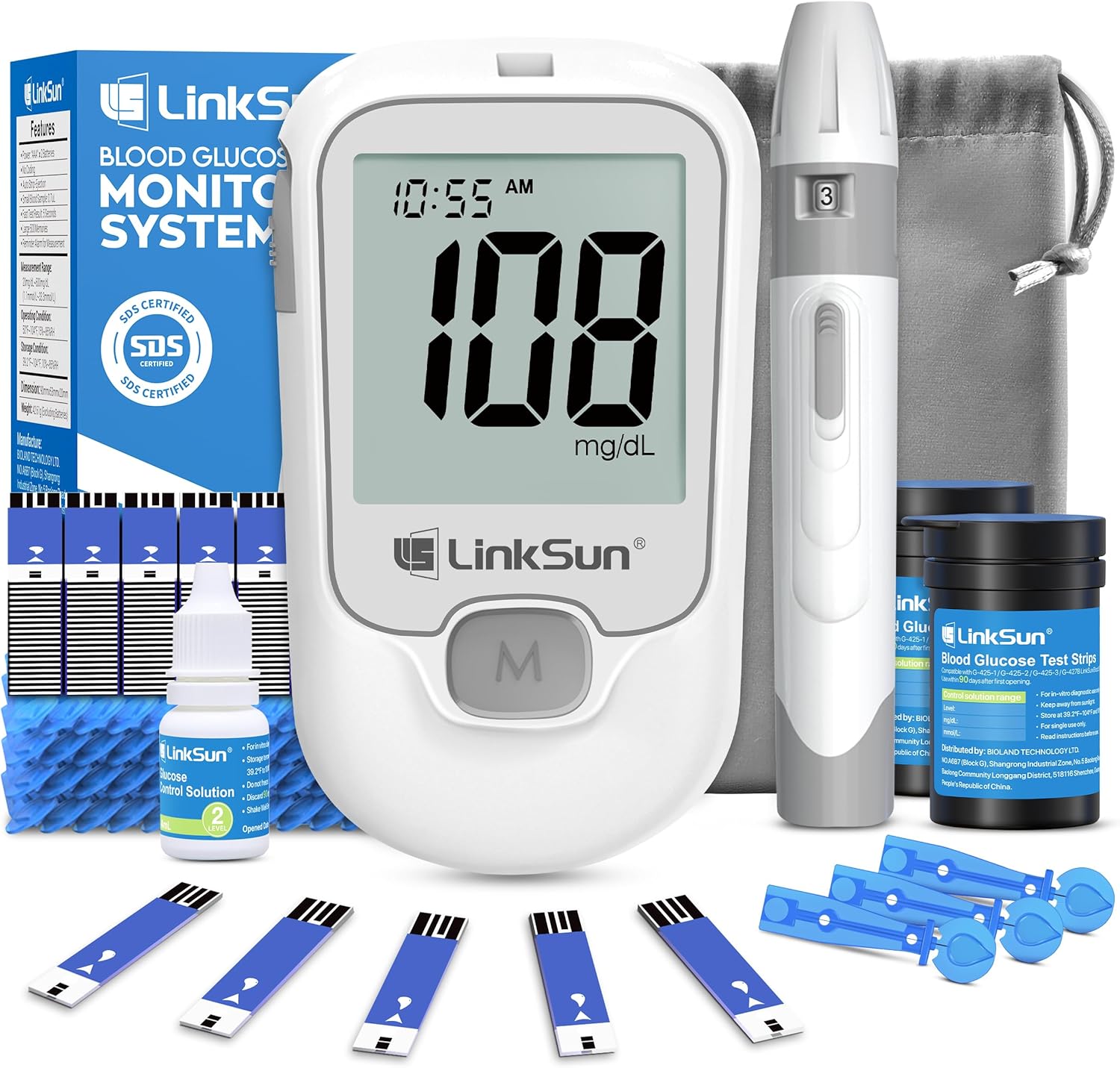 G-425-1 Blood Glucose Monitor Kit, 100 Test Strips &100 Lancets, 1 Control Solution, 1 Blood Sugar Monitor, 1 Lancing Device, Diabetes Testing Kit, No Coding, Large Display, Glucometer for Home Use