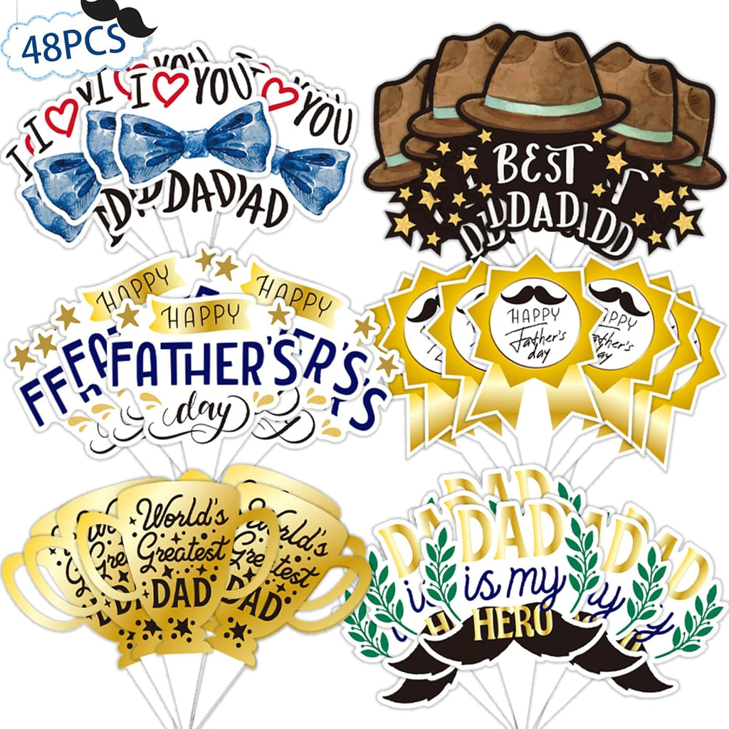 Father's Day Cupcake Toppers 48pcs Happy Fathers Day Cake Toppers I Love My Dad Best Dad Cupcake Picks with Beard Tie Signs for Father's Day Party Cupcake Decorations