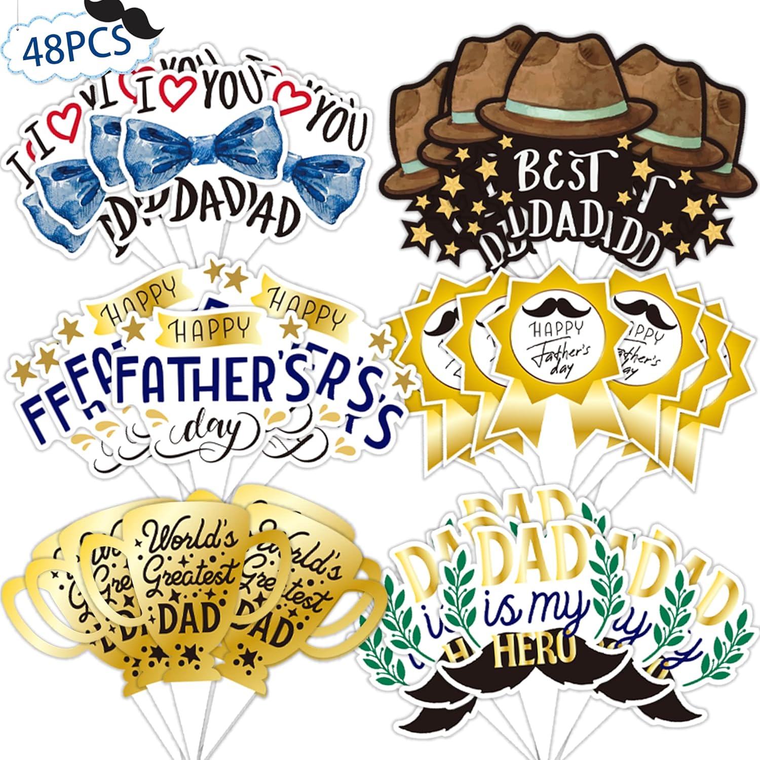 Father's Day Cupcake Toppers 48pcs Happy Fathers Day Cake Toppers I Love My Dad Best Dad Cupcake Picks with Beard Tie Signs for Father's Day Party Cupcake Decorations