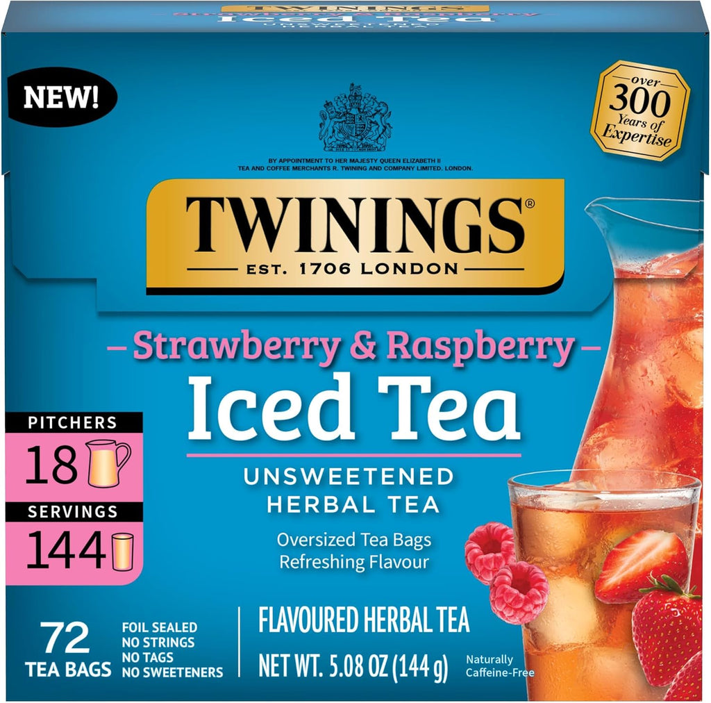 Twinings Strawberry & Raspberry Herbal Iced Tea, 72 Oversized Tea Bags, Makes 18 Pitchers or 144 Servings, Unsweetened, Naturally Caffeine-Free, 72 Count (Pack of 1)