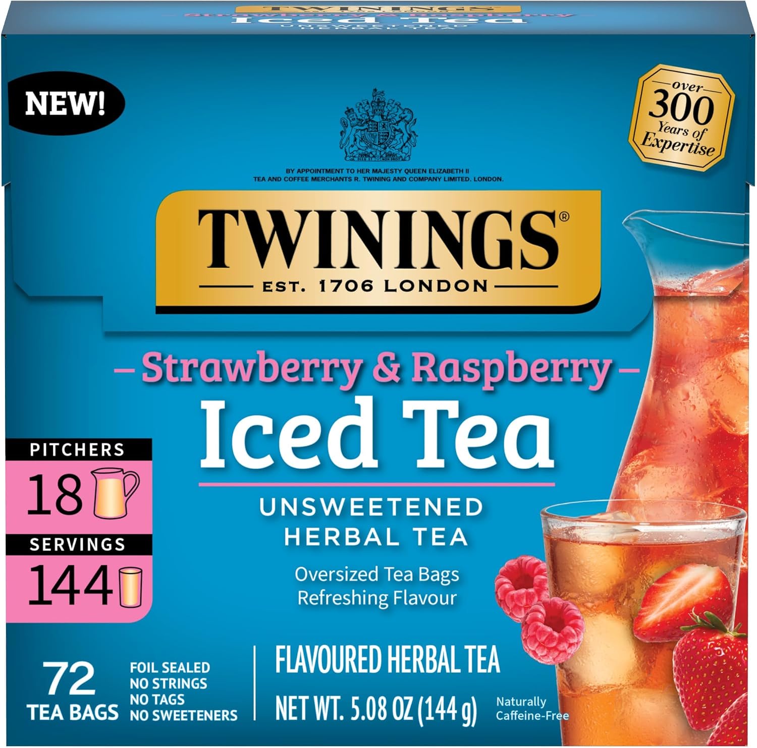 Twinings Strawberry & Raspberry Herbal Iced Tea, 72 Oversized Tea Bags, Makes 18 Pitchers or 144 Servings, Unsweetened, Naturally Caffeine-Free, 72 Count (Pack of 1)