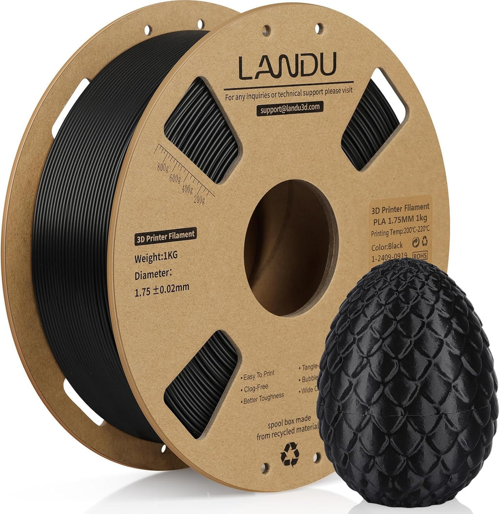 LANDU PLA Filament 1.75mm Black 1KG, 3D Printer Filament 1kg Cardboard Spool(2.2lbs), Dimensional Accuracy +/- 0.02mm, Neatly Wound 3D Printing Filament Fits for Most FFF 3D Printers, Black PLA